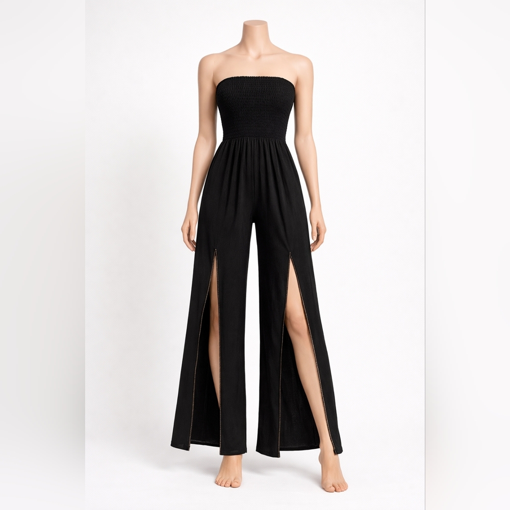 Cupshe Black Strapless Smocked Wide Leg Jumpsuit